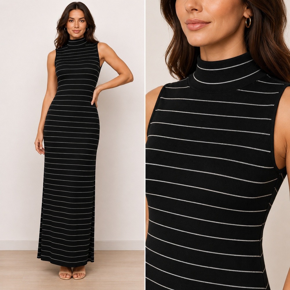 PAIGE Maxi Dress Black Silver Striped Metallic Mock Neck Ribbed Bodycon Small